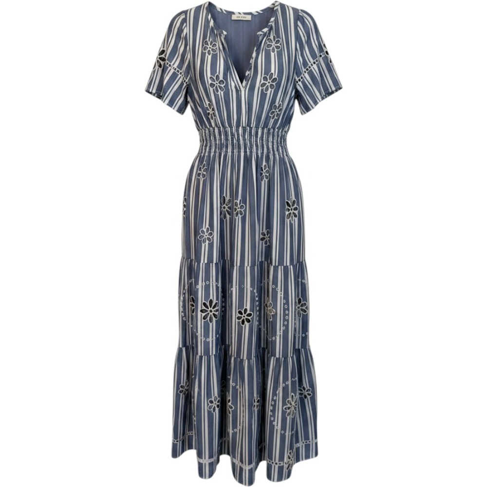 Anthropologie Maxi Dress Medium Blue White Striped Eyelet Smocked Tiered Boho